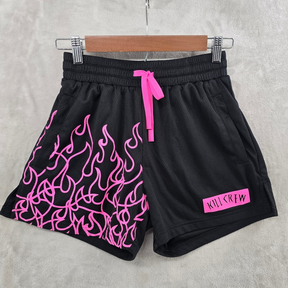 Kill Crew Women Small Shorts Black Pink Flame Mesh Athletic Gym Muay Thai